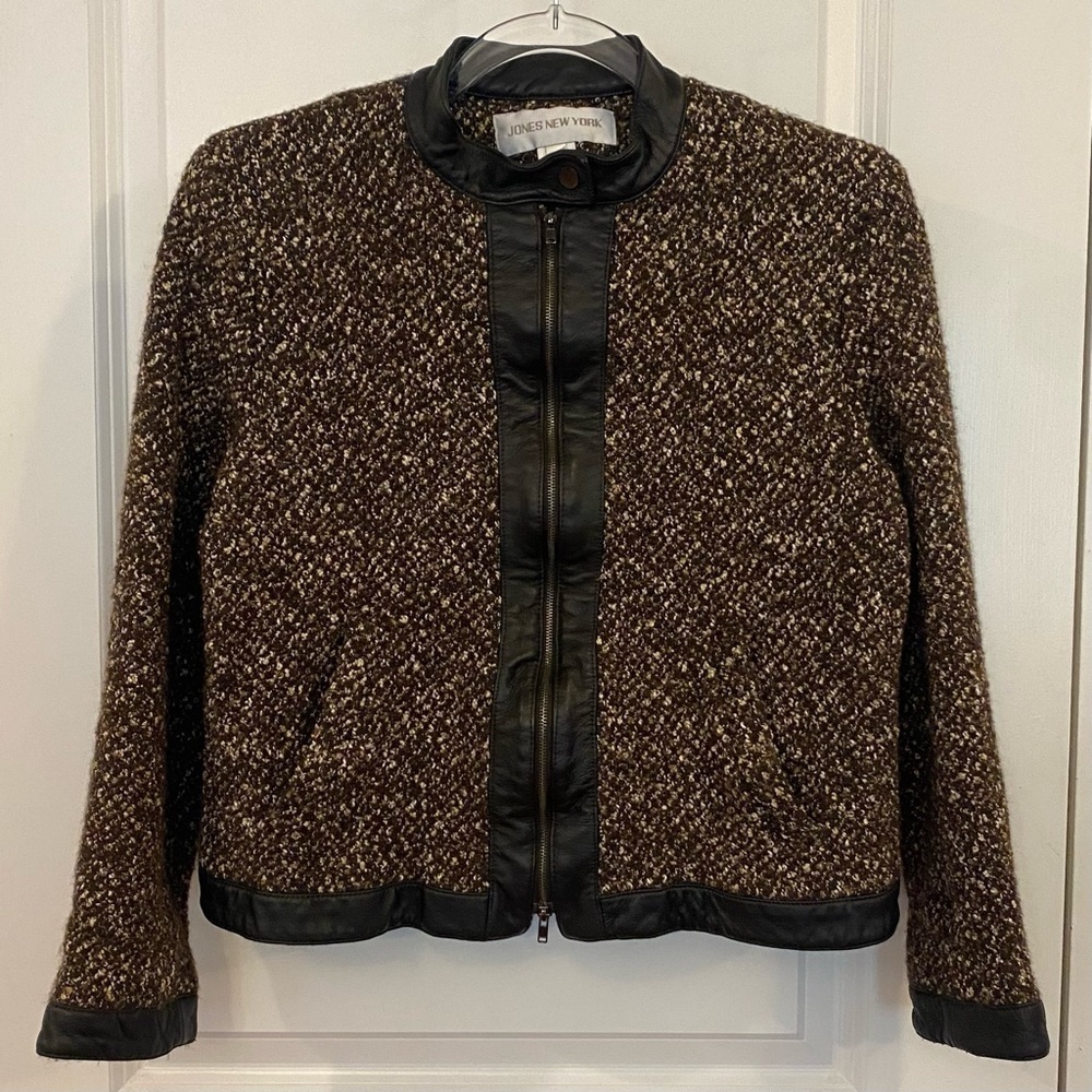 Jones New York Tweed Jacket Coat Women’s Sz 14 Brown Wool Leather Vintage Lined